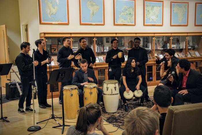 Colum (at the Conga drums) with the Orquesta Tertulia, a salsa and Latinx band at Yale.