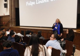 Margherita Tortora, executive director and founder of LIFFY, introduces the film to the student audience.