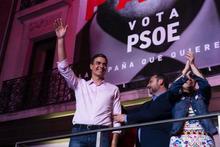 Spanish Prime Minister Pedro Sánchez celebrating PSOE’s performance in Sunday’s election.